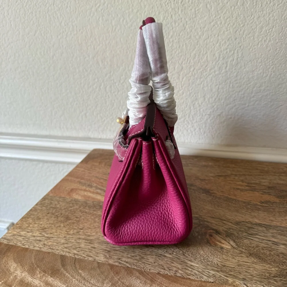 Fuchsia Pink Mini 20 Leather Top Handle Bag Structured Satchel w/ Gold HW B13 - Picture 4 of 10